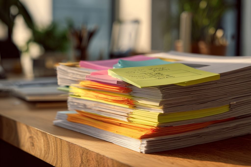 Document foncier organisé avec notes et surligneur