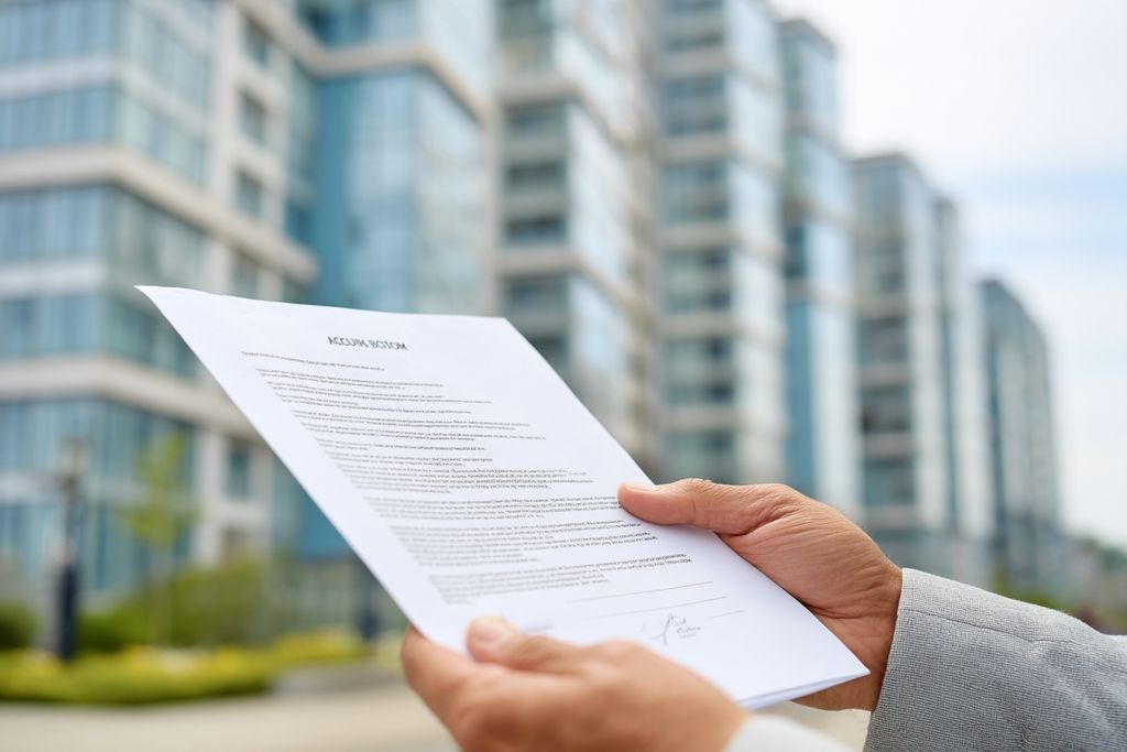Mains tenant un formulaire de réduction d'impôts devant des logements vides