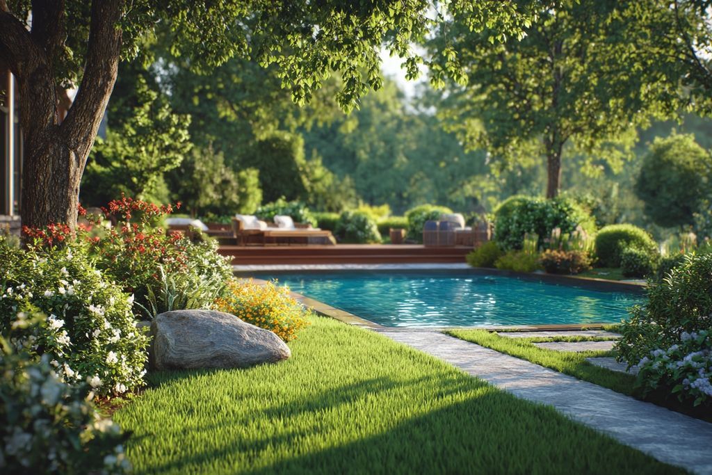 Vue d'un jardin extérieur avec une piscine élégante en arrière-plan.