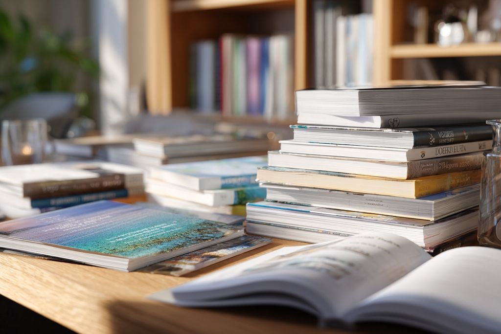 Bureau bien rangé avec des livres sur la fiscalité locale et les lois immobilières.