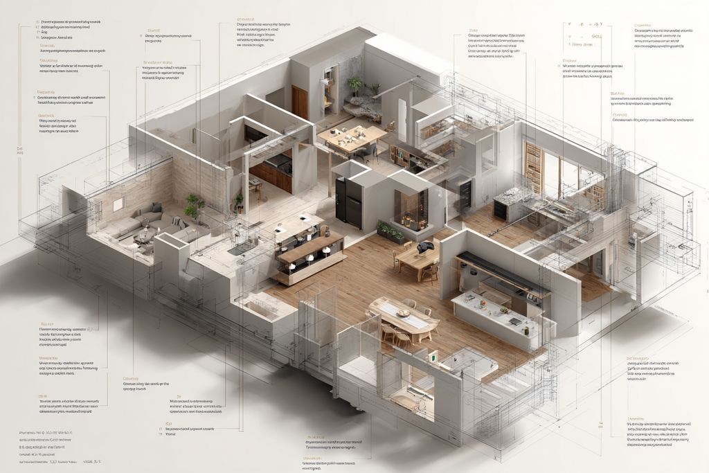 Plan architectural d'une maison avec annotations sur le raccordement aux égouts et conformité.