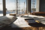 Image d'un chantier calme avec table de plans et calculatrices