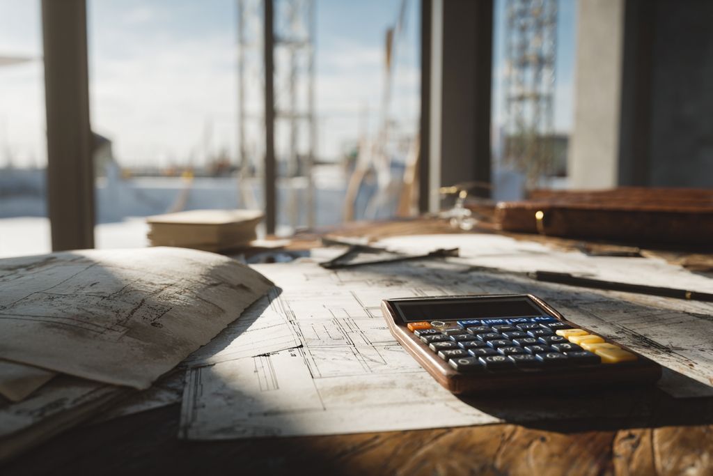 Image d'un chantier calme avec table de plans et calculatrices