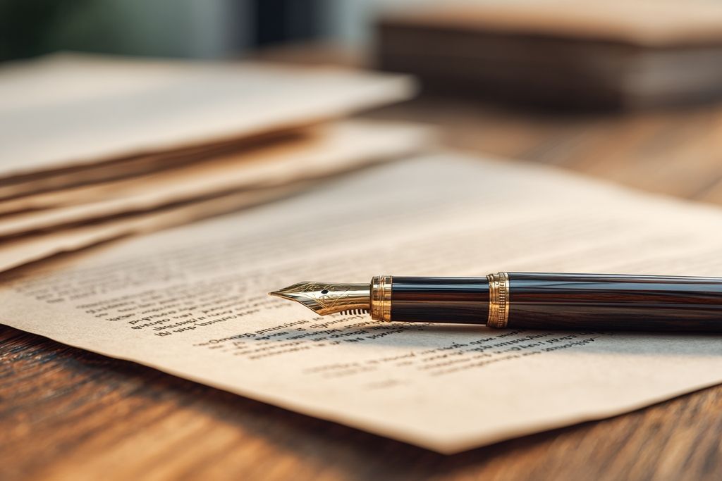 Vue rapprochée de documents juridiques avec un stylo sur une table en bois symbolisant la responsabilité