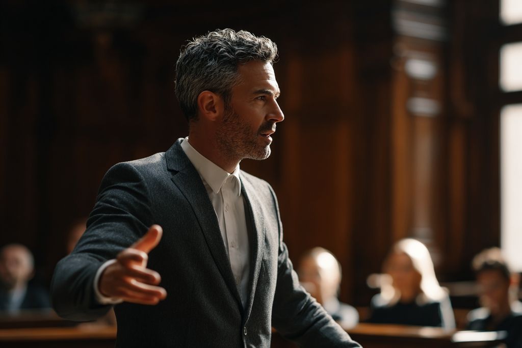 Avocat plaidant devant un jury dans un tribunal lumineux