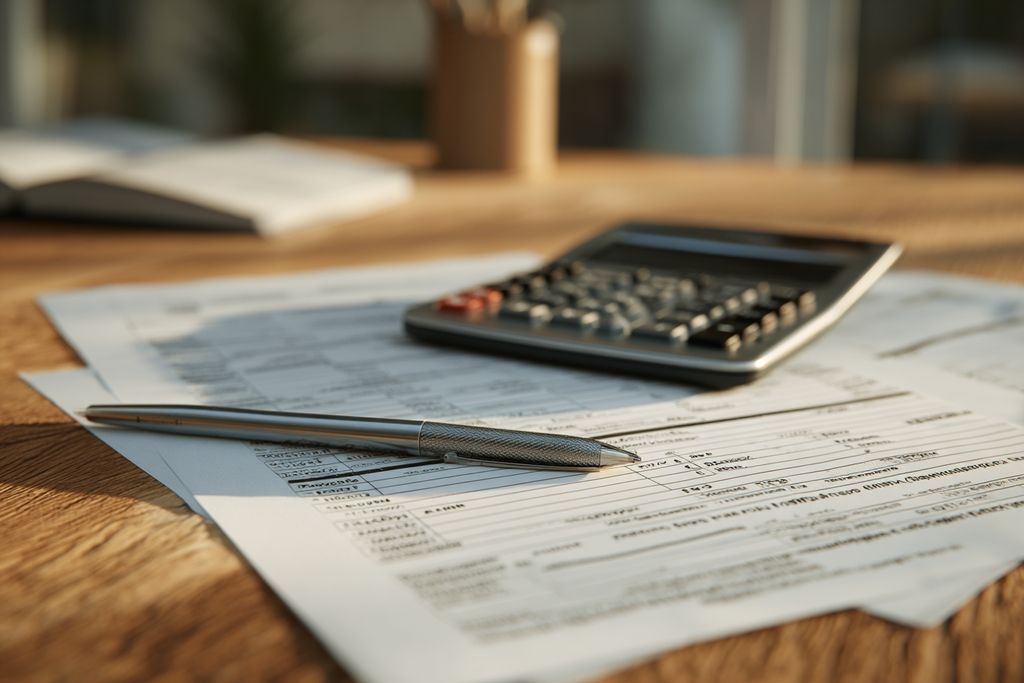 Image de documents fiscaux avec calculatrice et stylo sur bureau en bois
