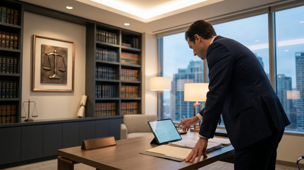 Un avocat en costume travaille sur une tablette dans un cabinet juridique moderne avec une bibliothèque en arrière-plan.