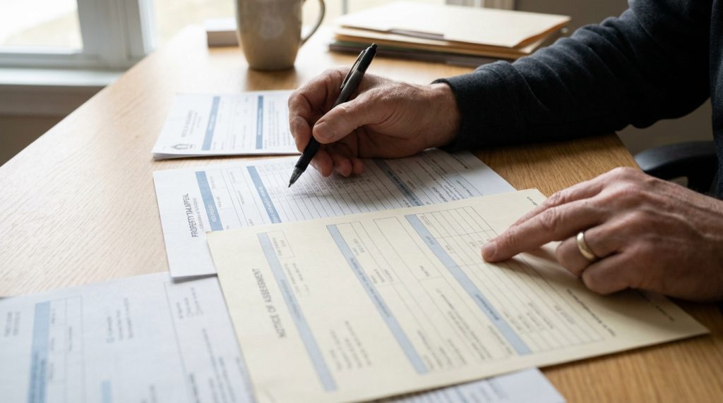 Une personne remplit des formulaires fiscaux et des avis d'imposition sur un bureau en bois.