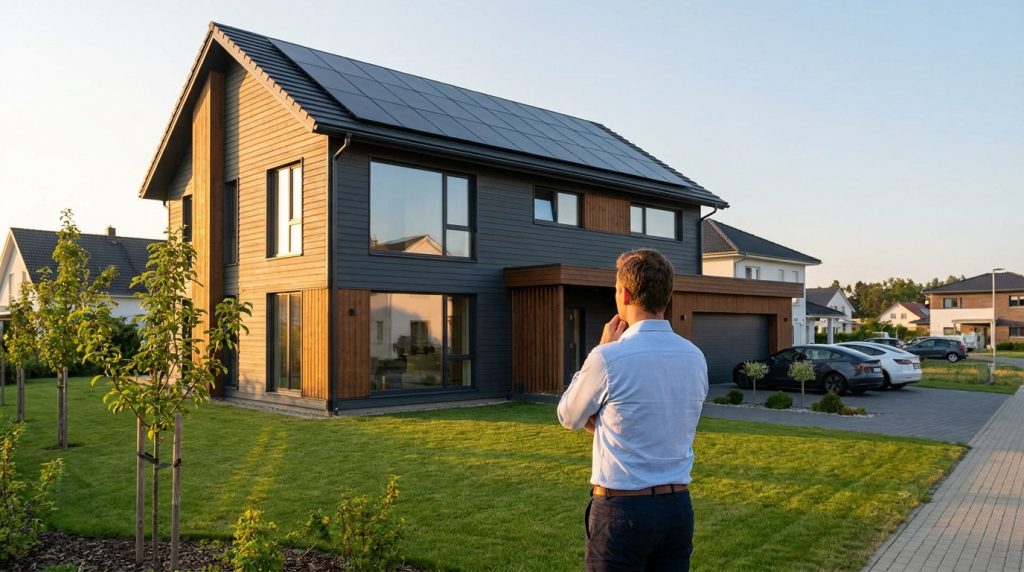 Un homme regarde une maison moderne avec des panneaux solaires sur le toit lors d'une journée ensoleillée.