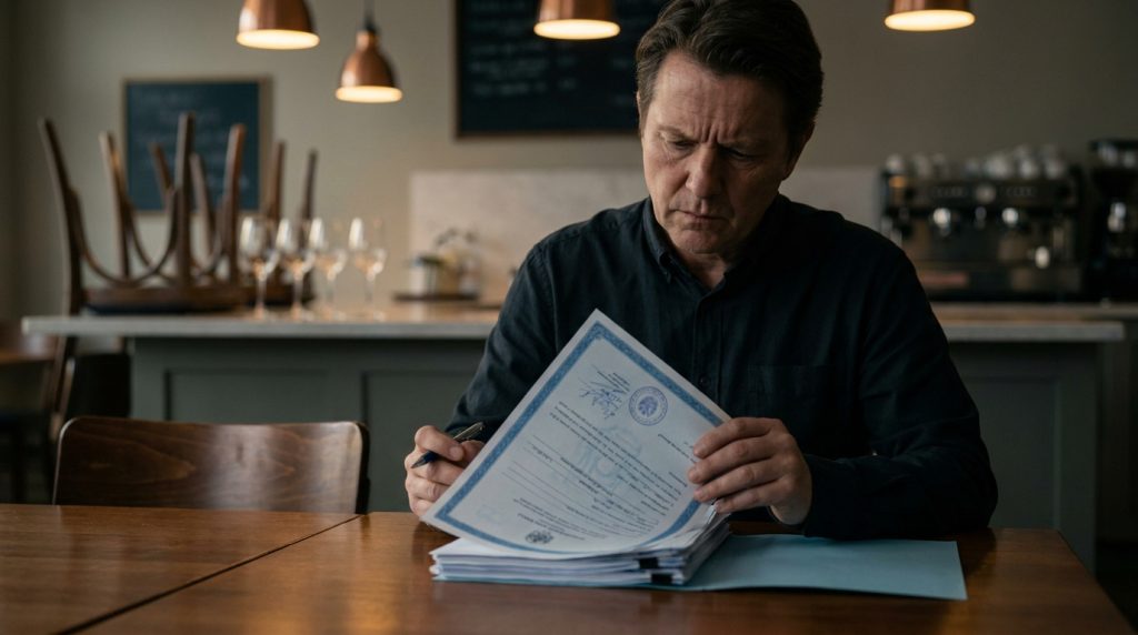 Un restaurateur inquiet examine un document officiel dans son restaurant fermé.