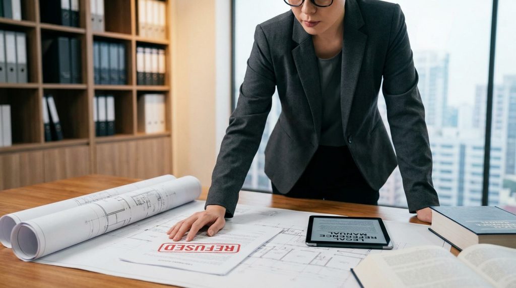 Une avocate examine des plans architecturaux portant un tampon « Refused » sur un bureau de bureau.