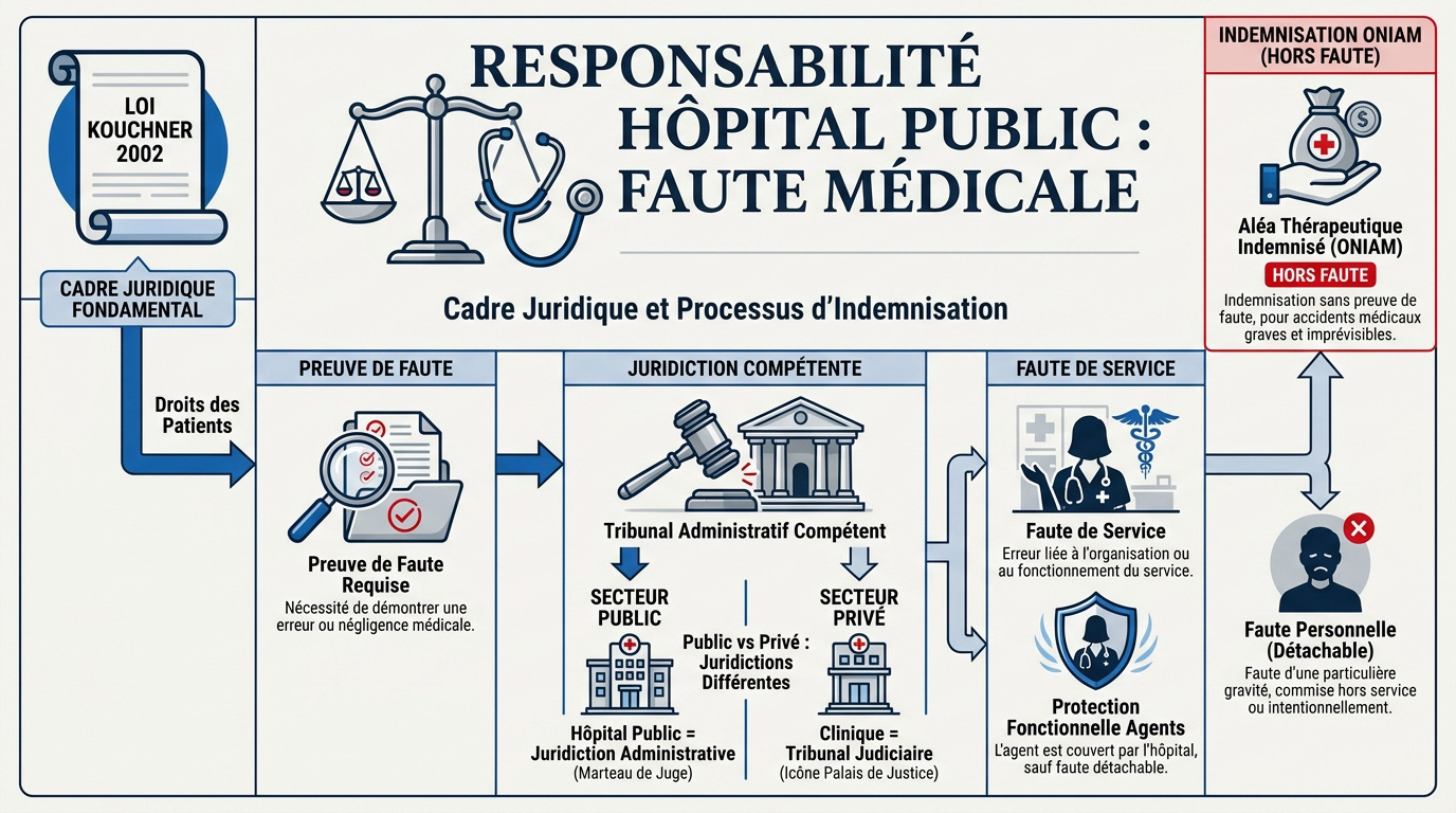 Bâtiment d'un hôpital public français représentant le cadre de la responsabilité médicale administrative